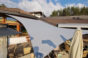 Segel als Sonnen und Regenschutz über Essbereich von oben, Sportcenter Deutschnofen, 2019